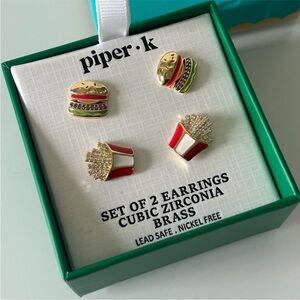 NIB! Piper K Set of 2 Gold Tone Brass Hamburger and Fries Stud Earrings Set